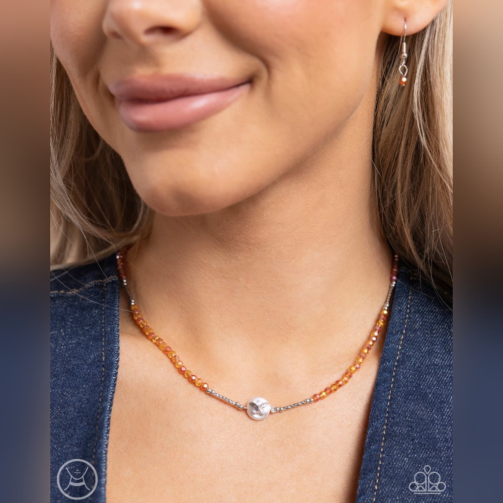Elegant Orange Beaded Butterfly Necklace Set with Silver Accents